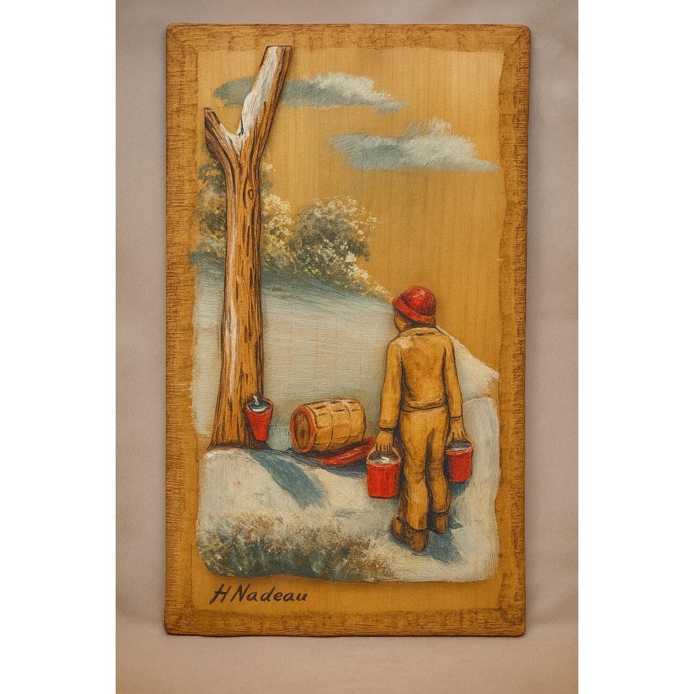 Vintage H. Nadeau Maple Syrup Scene Hand Painted Wood Plaque Winter Art